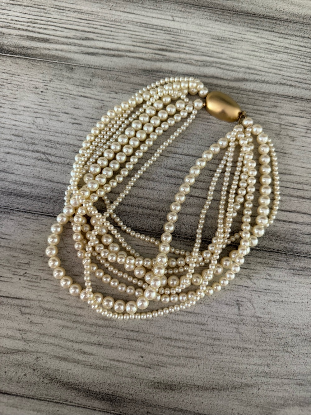 Multi-Strand Ivory Pearl Necklace with Gold Clasp